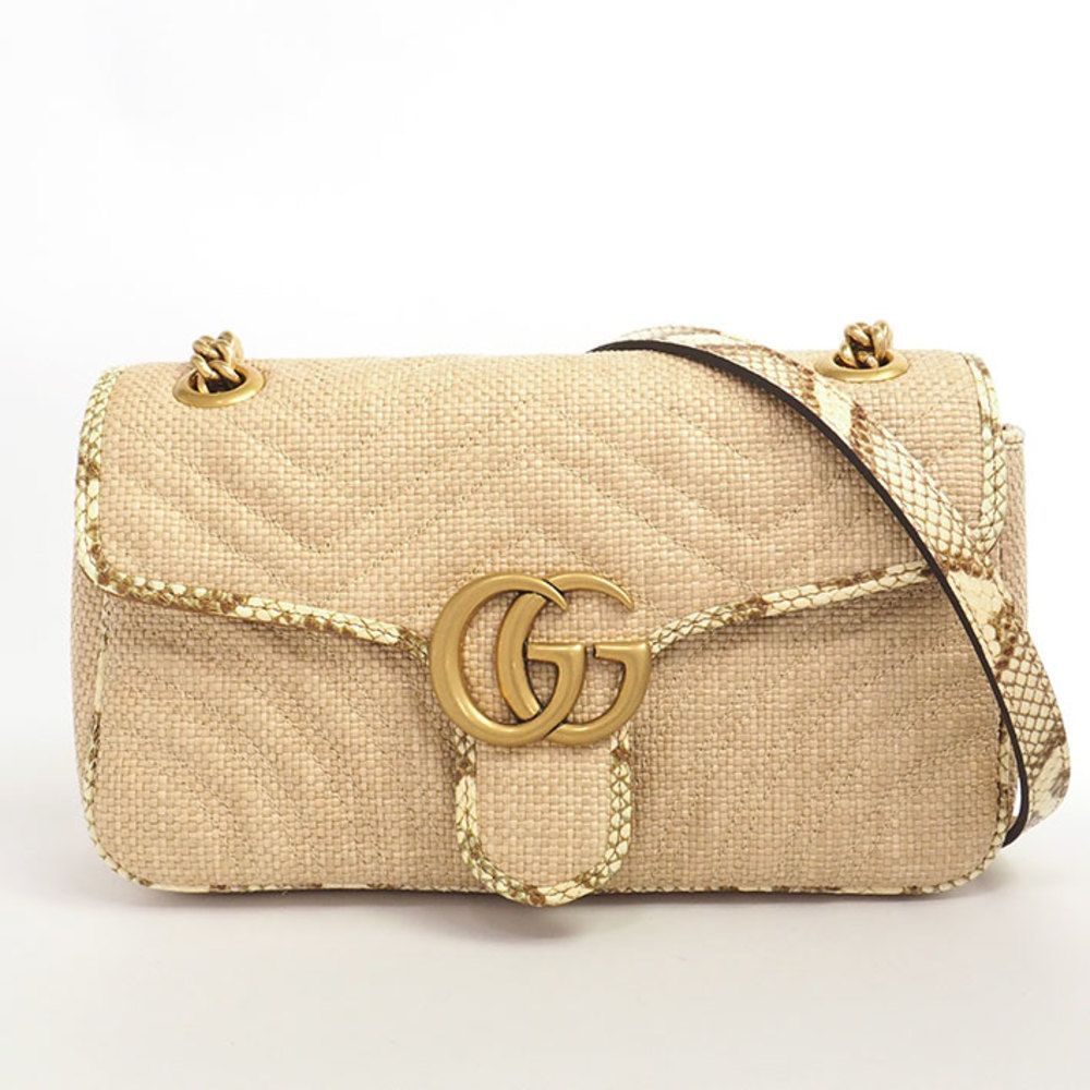 Raffia Small Chain Shoulder Antique Gold Hardware GG Marmont Light Beige - Picture 1 of 7